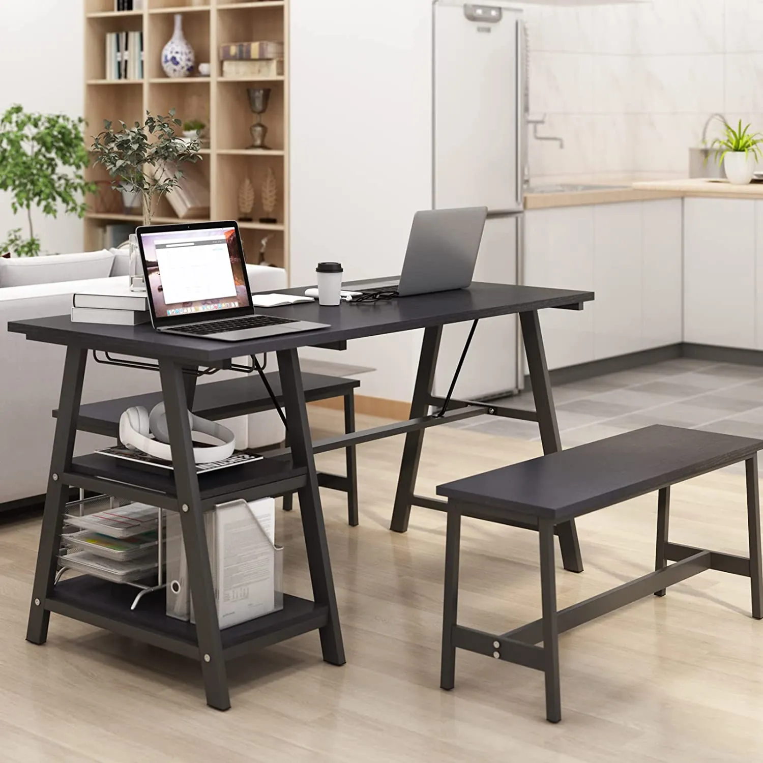 3-Piece Dining Table Set with 2 Stools, Wood Kitchen Dinner Table with Benches for 4, Breakfast Nook Table with Wine Rack and Glass Holder (55.1", Black)