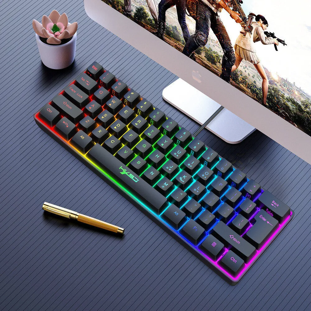 61 Keys USB Wired Keyboard Mouse Set Ergonomic Floating Mechanical-feel Keycaps 10000DPI RGB Backlight Bottom Mode Key Pictures Switch Button Keyboards for Home Office Gaming Computer
