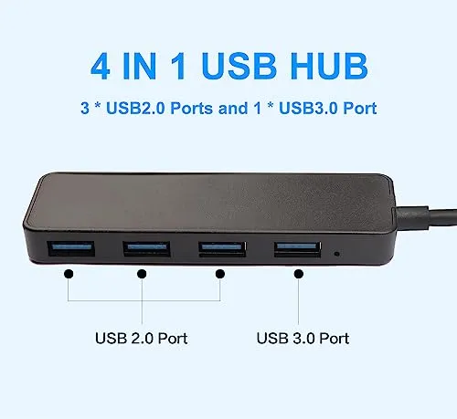 AISKUY USB Hub, 4 in 1 Multiport USB Splitter Extender with 1 USB3.0 Port and 3 USB2.0 Ports for Desktop, Computer, PC, Laptop, iMac, Surface Pro, Dell, HP, Flash Drive