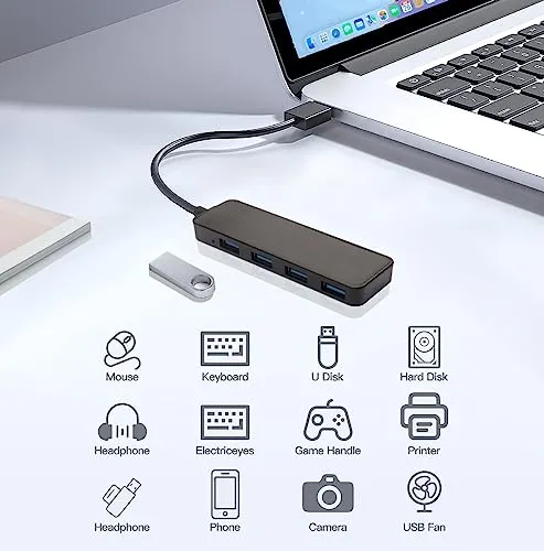 AISKUY USB Hub, 4 in 1 Multiport USB Splitter Extender with 1 USB3.0 Port and 3 USB2.0 Ports for Desktop, Computer, PC, Laptop, iMac, Surface Pro, Dell, HP, Flash Drive