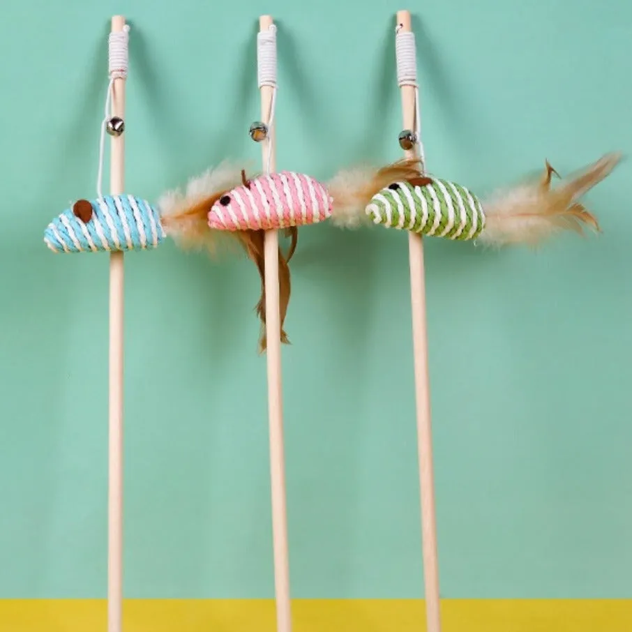 Cat Toy Wood Wand Teaser with Sisal Mice and Mini Bell