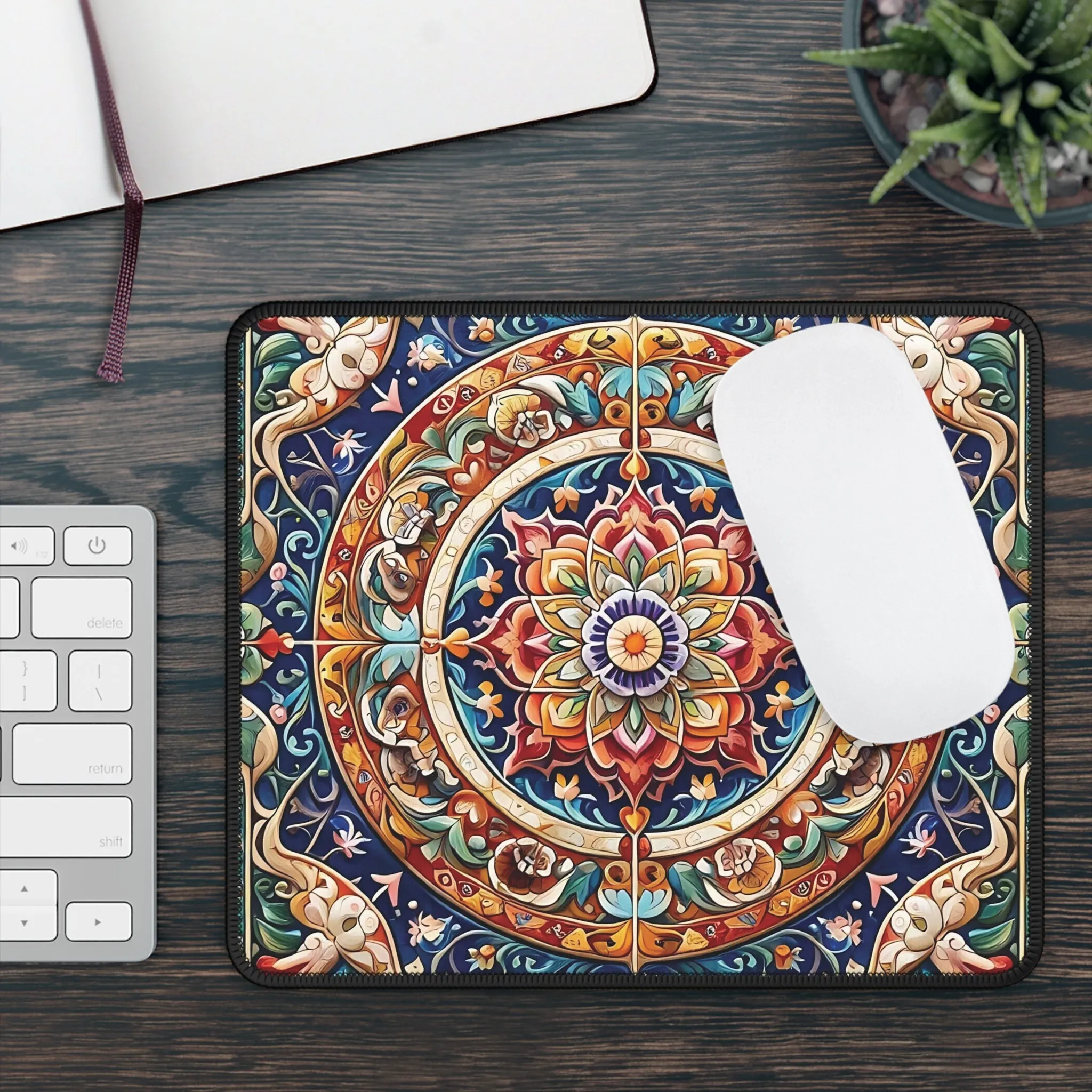 Colorful traditional tile art watercolour effect Gaming Mouse Pad