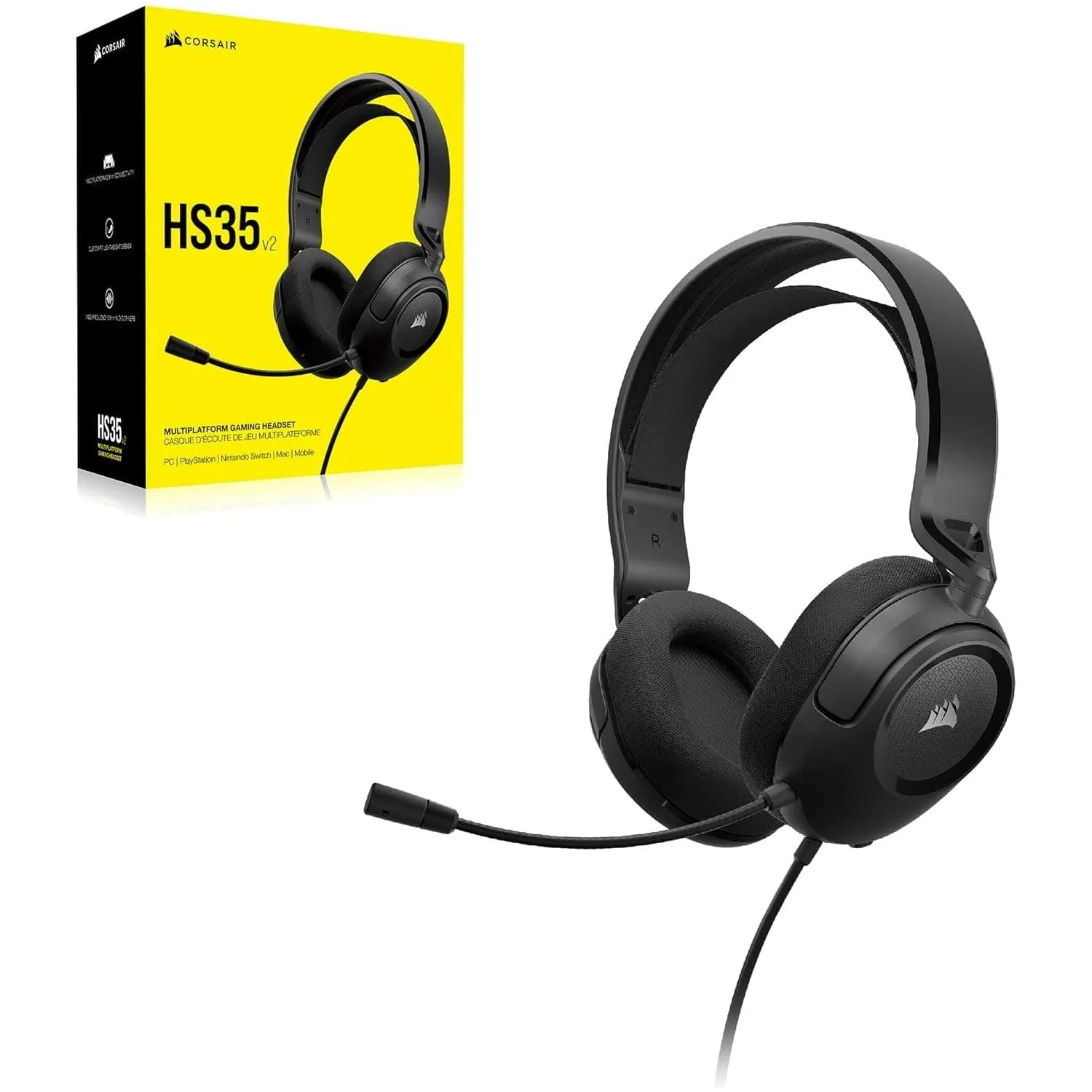 Corsair HS35 v2 Multiplatform Wired Gaming Headset – Flexible Omni-Directional Microphone – Universal 3.5mm Connection – PC, Mac, PS5, PS4, Xbox, Nintendo Switch, Mobile – Carbon