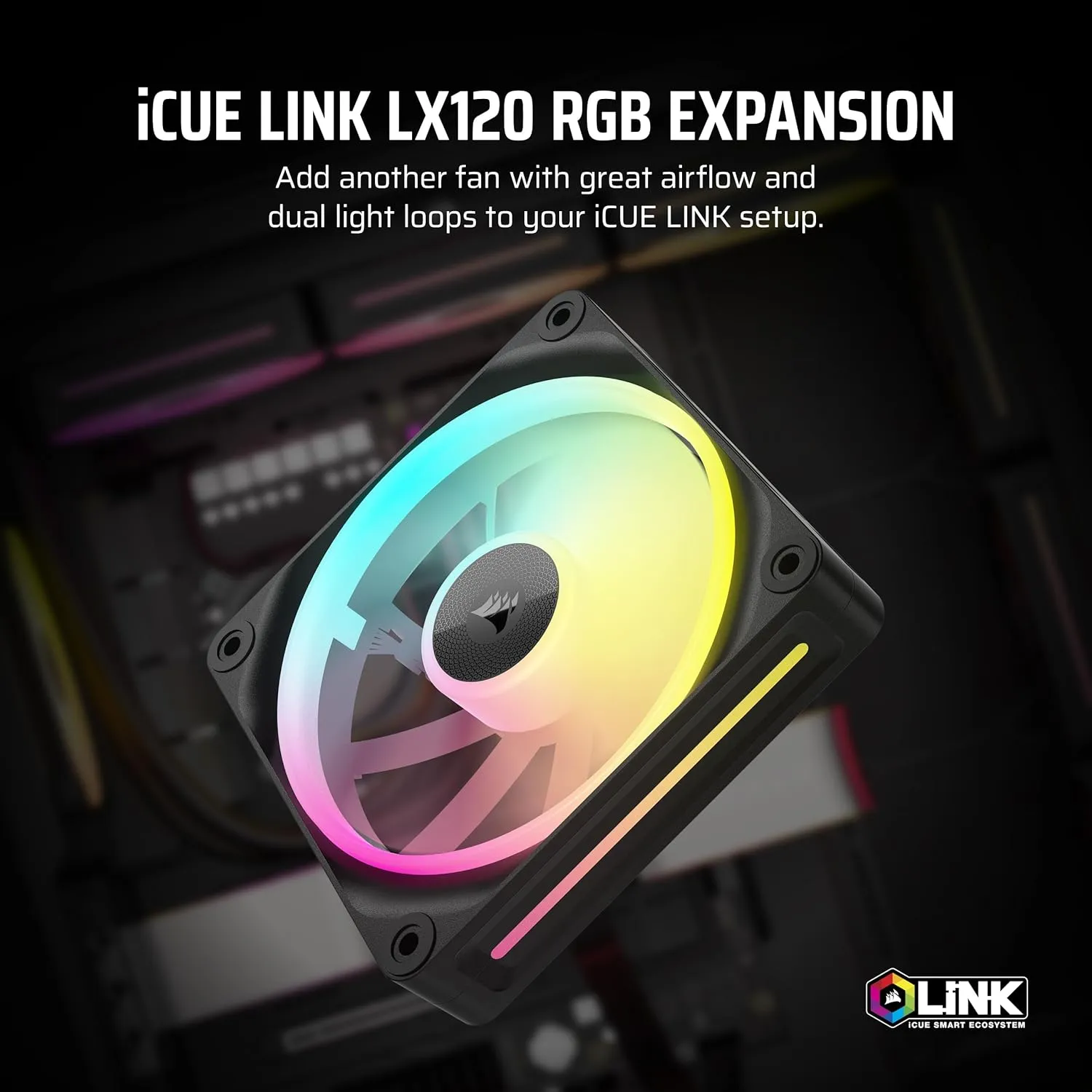Corsair iCUE LINK LX120 RGB 120mm PWM Fan - Single Pack, Dual Light Loops, AirGuide Technology - Black