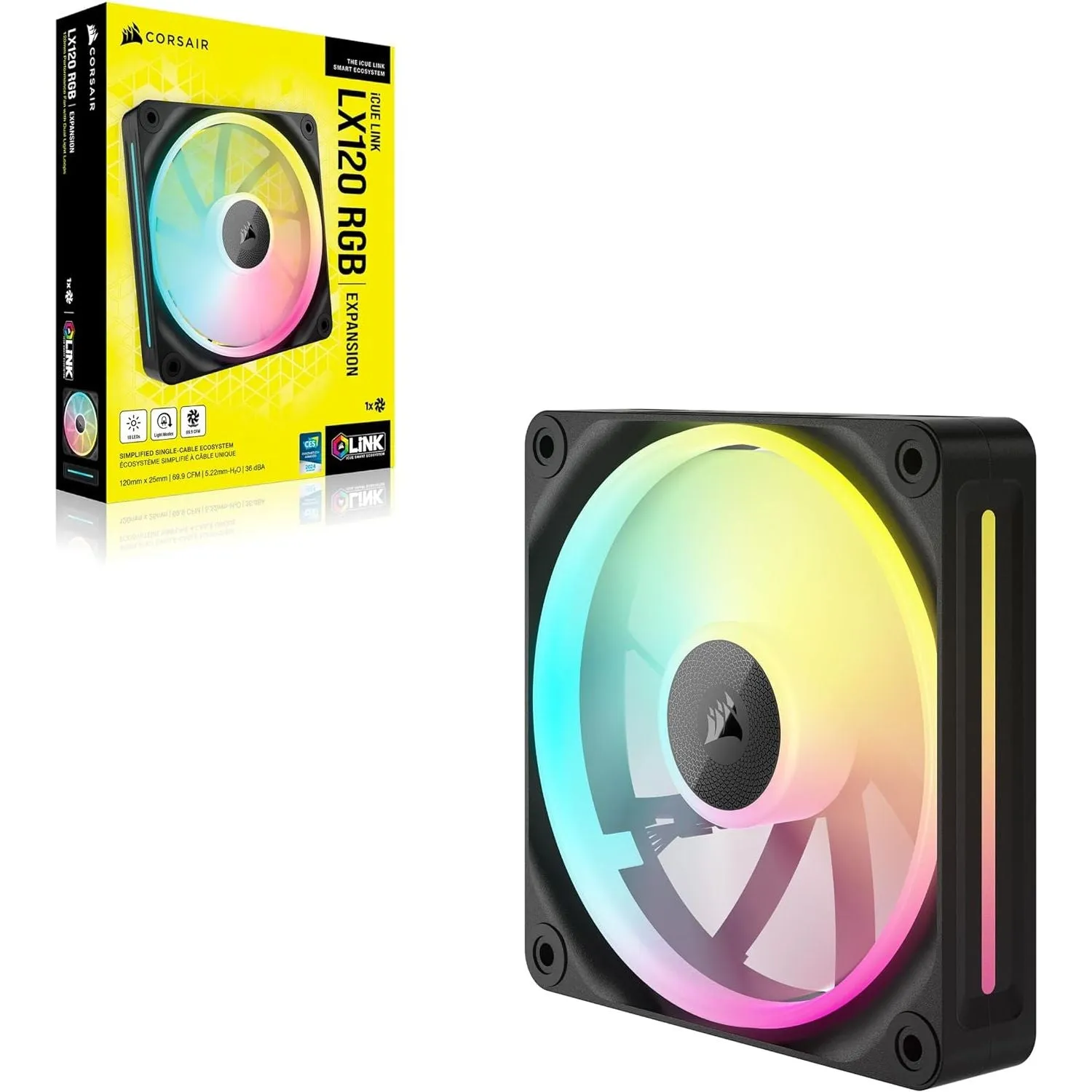 Corsair iCUE LINK LX120 RGB 120mm PWM Fan - Single Pack, Dual Light Loops, AirGuide Technology - Black