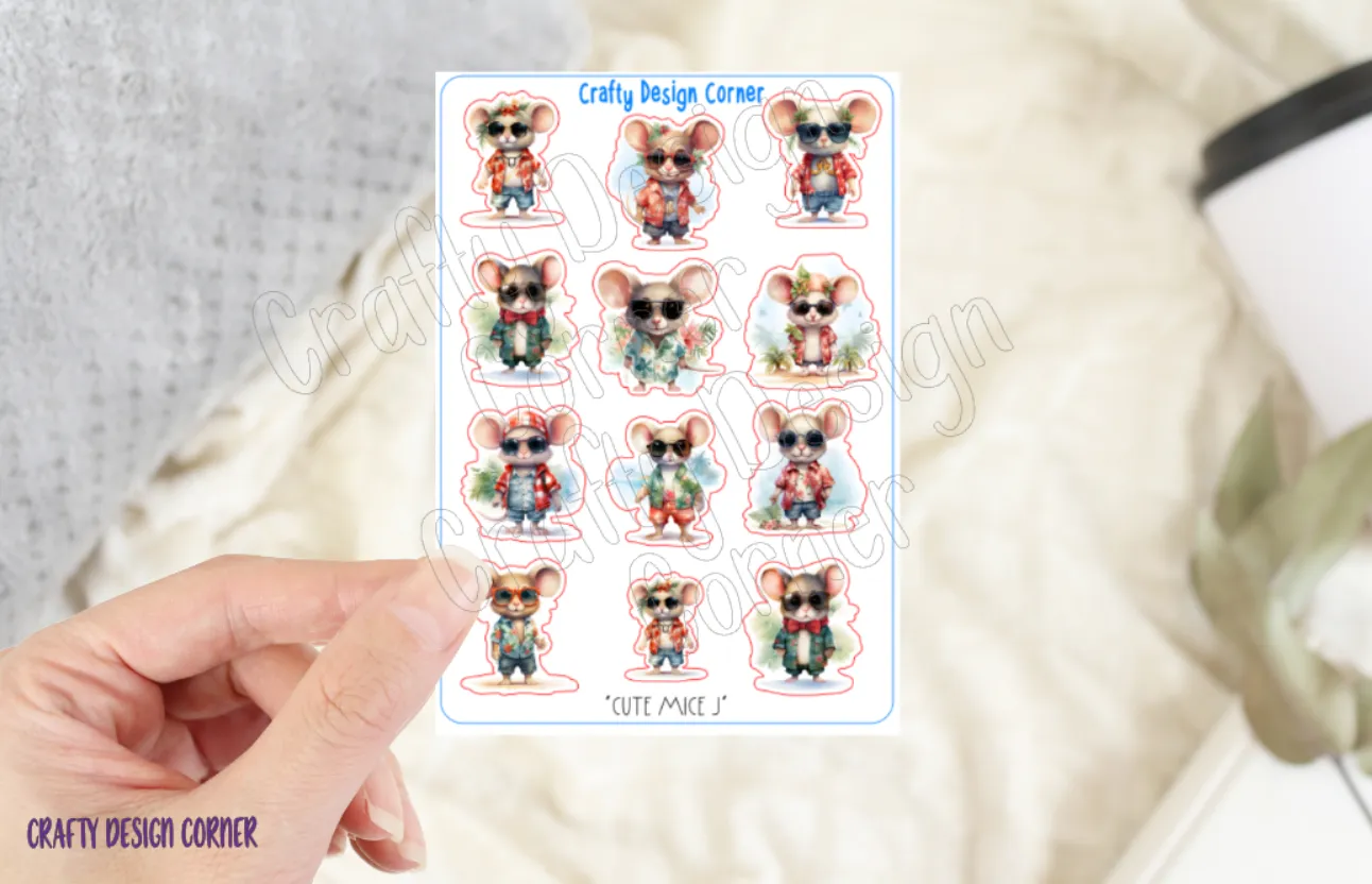 Cute Mice in Sunglasses Stickers, Dressed Mice Sticker Sheet, Cute Mice Sticker Sheet