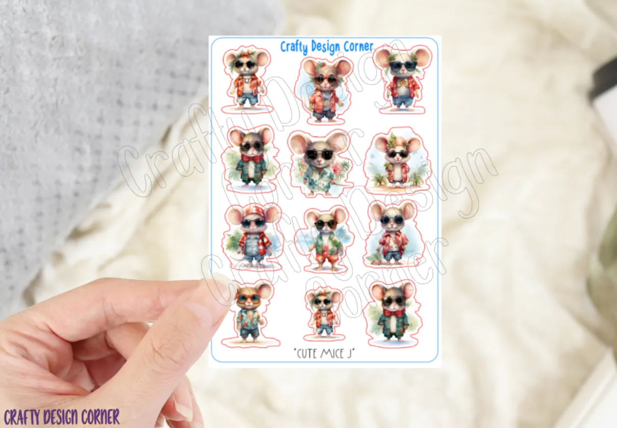 Cute Mice in Sunglasses Stickers, Dressed Mice Sticker Sheet, Cute Mice Sticker Sheet