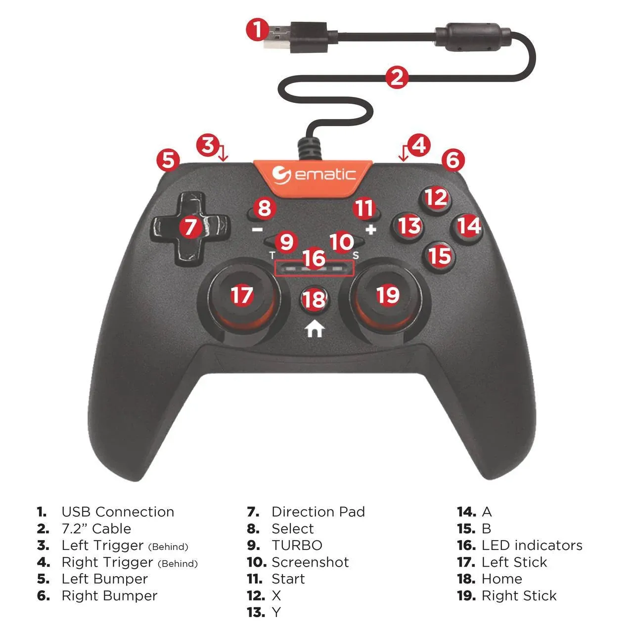 Ematic NSWC012W Nintendo Switch Wired Controller (Black) - New
