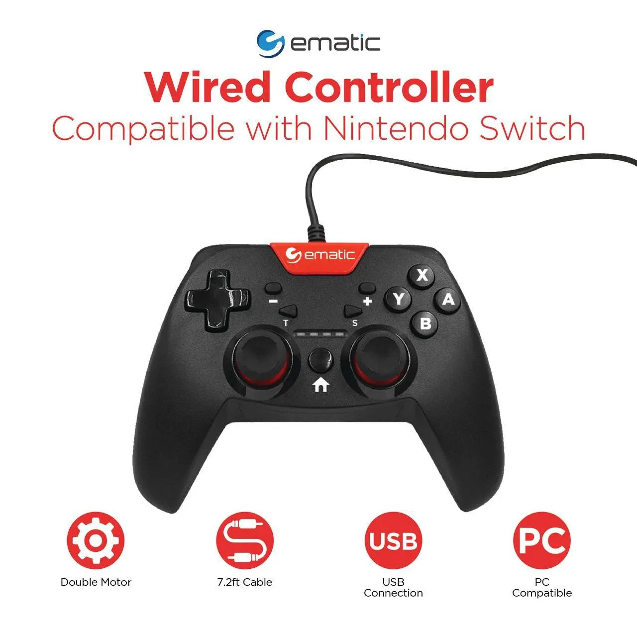 Ematic NSWC012W Nintendo Switch Wired Controller (Black) - New