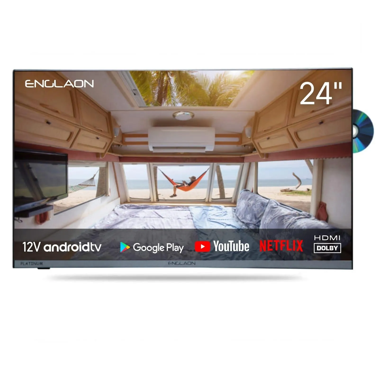 Englaon Frameless 24″ Full HD Smart 12V TV Chromecast With Built-in DVD Player