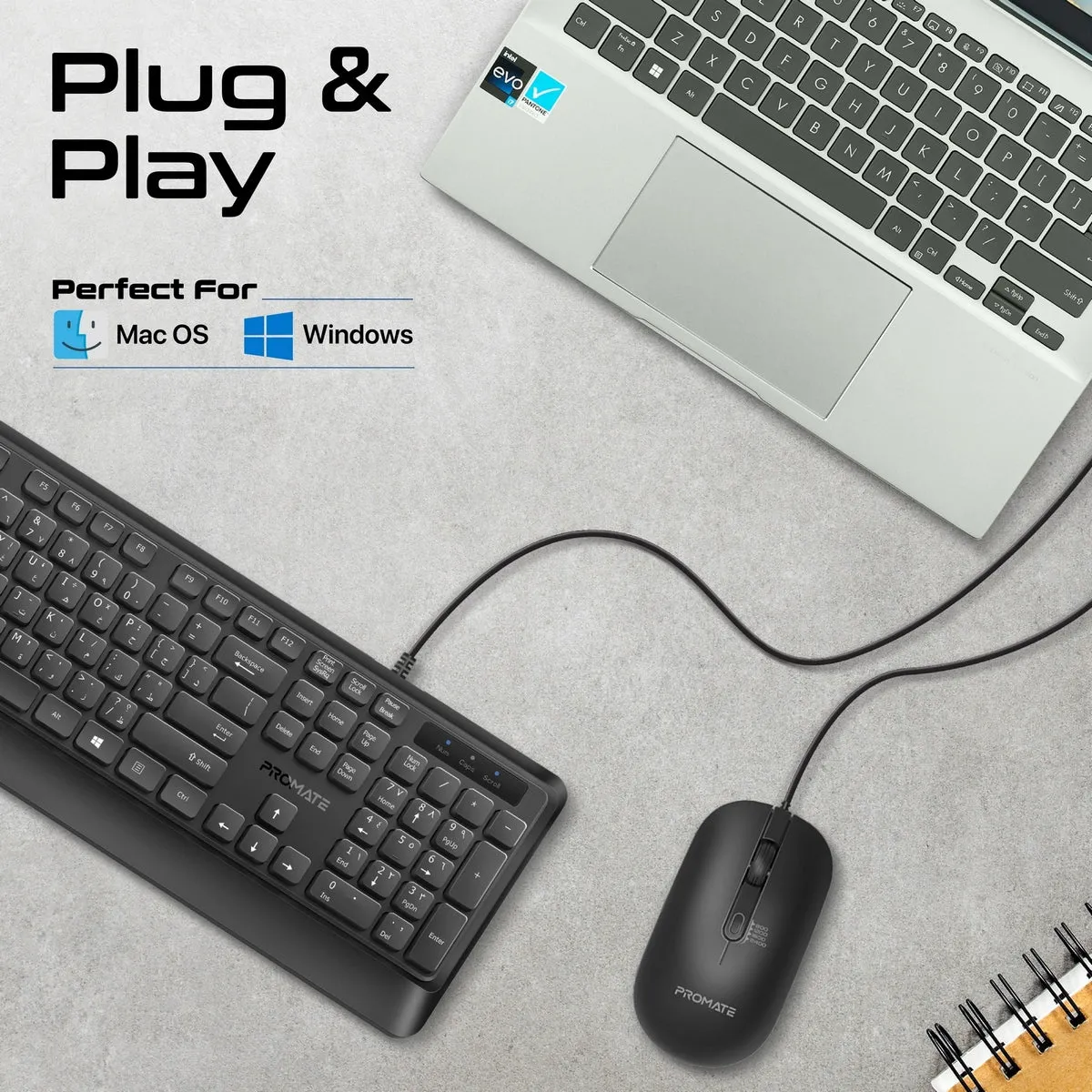 Ergonomic Wired Slim Keyboard with Palm Rest and 2400 DPI Mouse