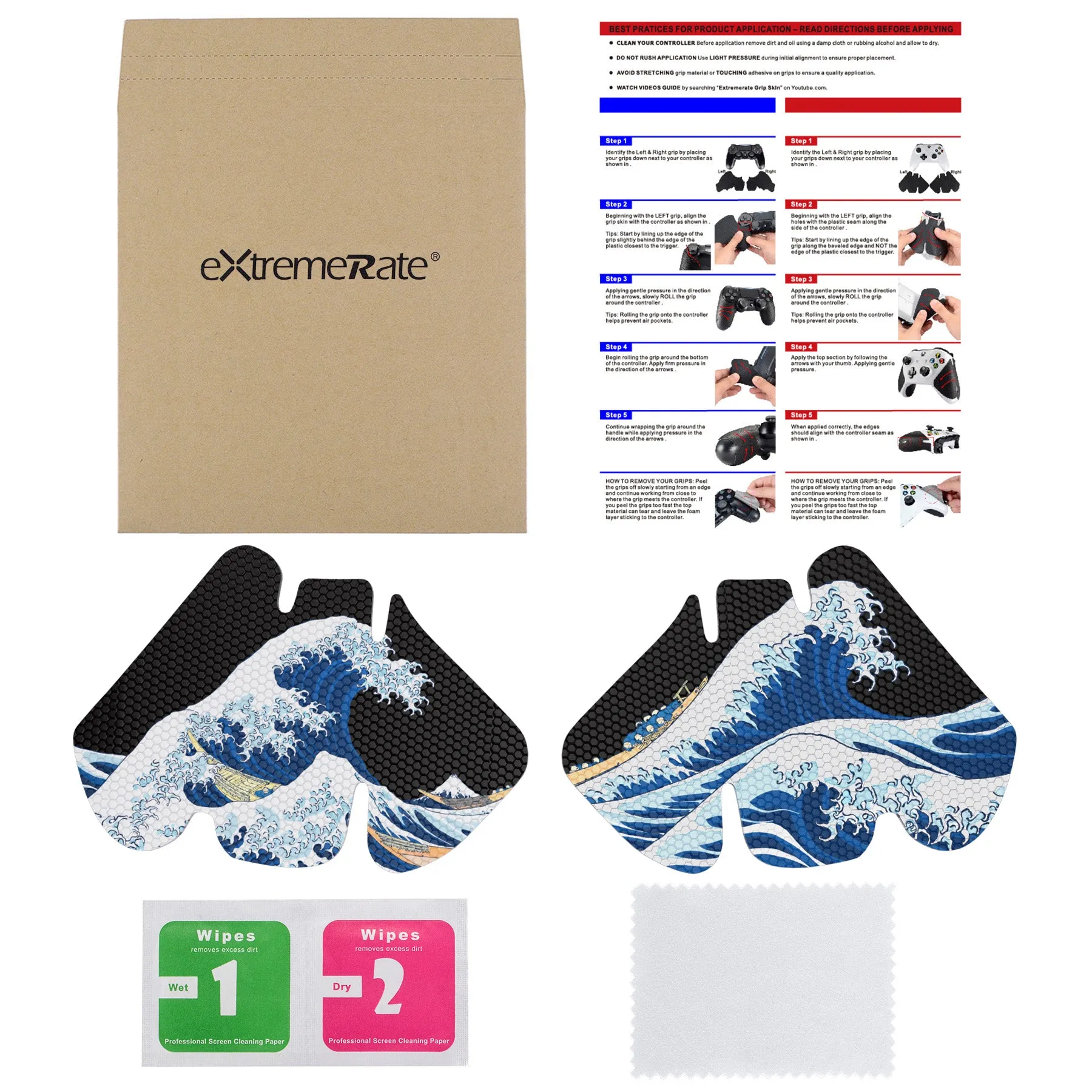 eXtremeRate The Great Wave Off Kanagawa Anti-Skid Sweat-Absorbent Controller Grip for Xbox One S & X, Xbox One Controller, Professional Textured Soft Rubber Pads Handle Grips for Xbox One, Xbox One S/X Controller - GX00170