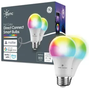 GE 93131583 Cync A19 Smart LED Light Bulb, Color Changing Indoor Decor Lights, 60 Watts, Medium Base, 2pk