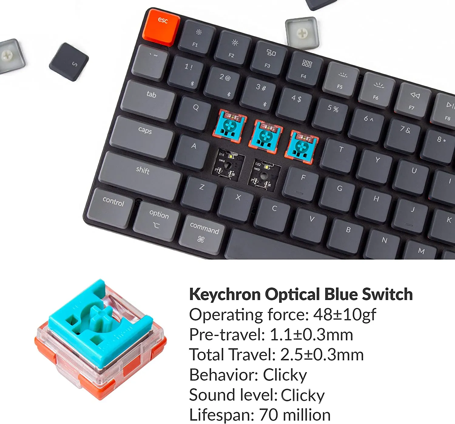 Keychron K3 Ultra-Slim 75% Layout Wireless Bluetooth/Wired USB Mechanical Keyboard, Hot Swappable Low-Profile Keychron White LED Backlit 84 Keys Keyboard for Mac Windows (Optical Blue) (K3D2)
