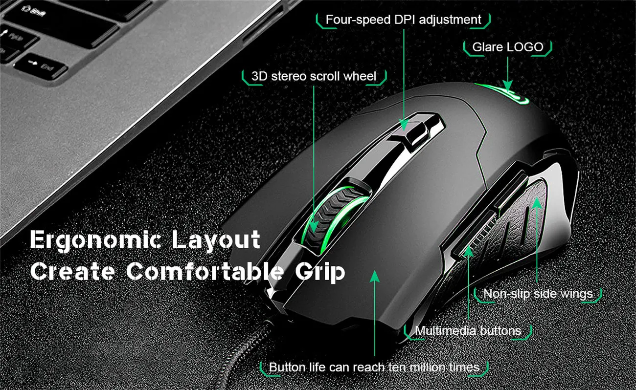 New TROPRO GAMING MOUSE WIRED T7 7 Buttons Breathing Light Ergonomic Game USB Computer Mice Multicolor