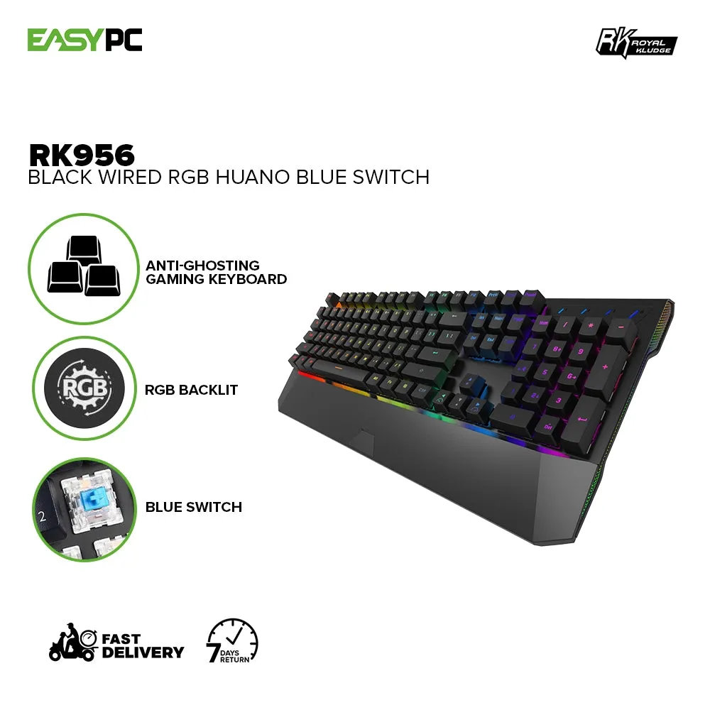 Royal Kludge RK956 104 keys, Ergonomics, RGB Backlit Huano Brown & Blue Switch Mechanical Black Gaming Keyboard 4JTP