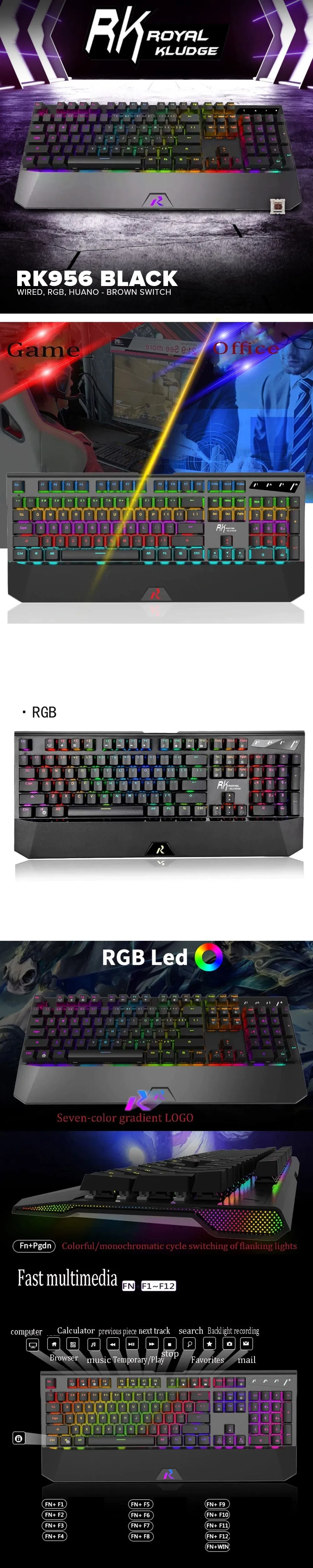 Royal Kludge RK956 104 keys, Ergonomics, RGB Backlit Huano Brown & Blue Switch Mechanical Black Gaming Keyboard 4JTP